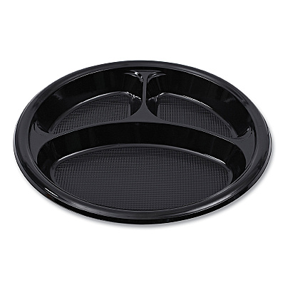 Boardwalk Hi-Impact Plastic Dinnerware, 3-Compartment Plate, 10" dia, Black, 125/Sleeve, 4 Sleeves/Carton (BWKPLTHIPS10BL3)