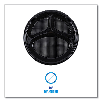 Boardwalk Hi-Impact Plastic Dinnerware, 3-Compartment Plate, 10" dia, Black, 125/Sleeve, 4 Sleeves/Carton (BWKPLTHIPS10BL3)