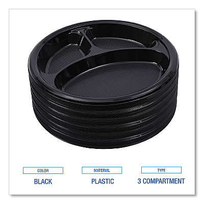 Boardwalk Hi-Impact Plastic Dinnerware, 3-Compartment Plate, 10" dia, Black, 125/Sleeve, 4 Sleeves/Carton (BWKPLTHIPS10BL3)