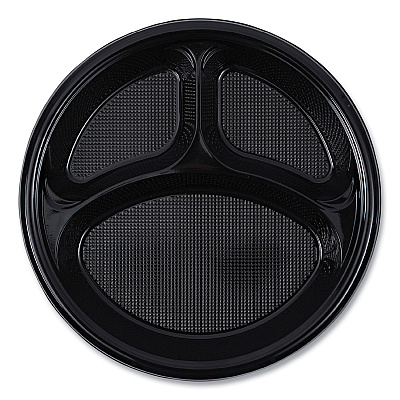 Boardwalk Hi-Impact Plastic Dinnerware, 3-Compartment Plate, 10" dia, Black, 125/Sleeve, 4 Sleeves/Carton (BWKPLTHIPS10BL3)