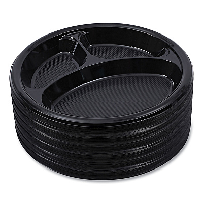Boardwalk Hi-Impact Plastic Dinnerware, 3-Compartment Plate, 10" dia, Black, 125/Sleeve, 4 Sleeves/Carton (BWKPLTHIPS10BL3)