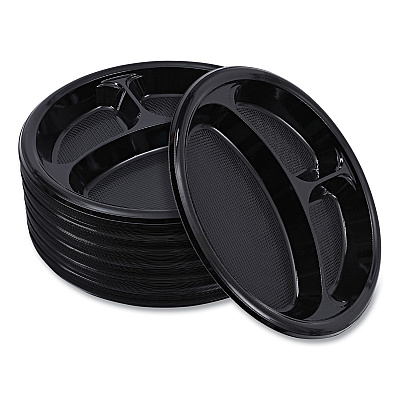 Boardwalk Hi-Impact Plastic Dinnerware, 3-Compartment Plate, 10" dia, Black, 125/Sleeve, 4 Sleeves/Carton (BWKPLTHIPS10BL3)
