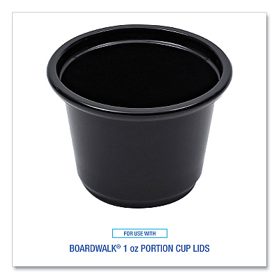 Boardwalk Souffle/Portion Cups, 1 oz, Polypropylene, Black, 20 Cups/Sleeve, 125 Sleeves/Carton (BWKPRTN1BL)