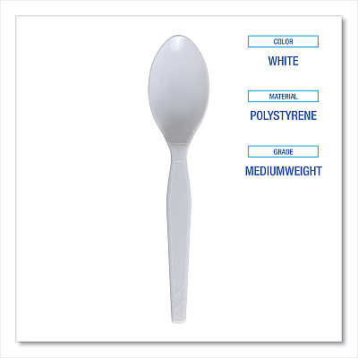 Boardwalk Mediumweight Polystyrene Cutlery, Teaspoon, White, 100/Box (BWKSPOONMWPSBX)