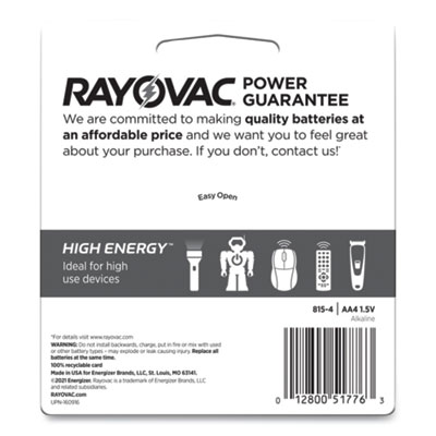 Rayovac High Energy Premium Alkaline AA Batteries, 4/Pack (RAY8154K)