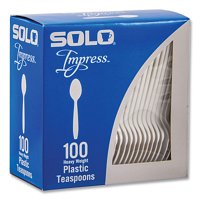 Solo Impress Heavyweight Full-Length Polystyrene Cutlery, Teaspoon, White, 100/Box (SCCHSWTX0007BX)