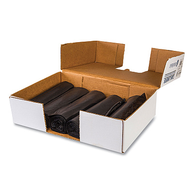 Inteplast Group High-Density Commercial Can Liners, 45 gal, 12 mic, 40" x 48", Black, Interleaved Roll, 25 Bags/Roll, 10 Rolls/Carton (IBSS404812K)
