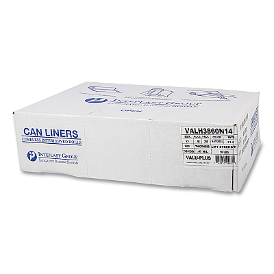 Inteplast Group High-Density Commercial Can Liner Value Pack, 60 gal, 12 mic, 38" x 58", Clear, Interleaved Roll, 25 Bags/Roll, 8 Rolls/CT (IBSVALH3860N14)