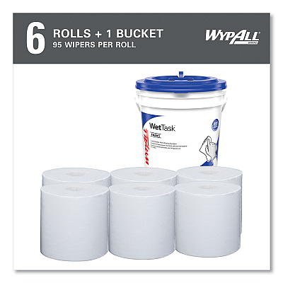 WypAll Power Clean Wipers for WetTask Customizable Wet Wiping System with (1) Bucket, 6 x 12, Unscented, 95/Roll, 6 Rolls/Carton (KCC06001)