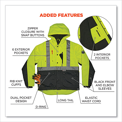 ergodyne GloWear 8275 Class 2 Heavy-Duty Hi-Vis Workwear Sherpa Lined Jacket, 2X-Large, Lime (EGO23976)