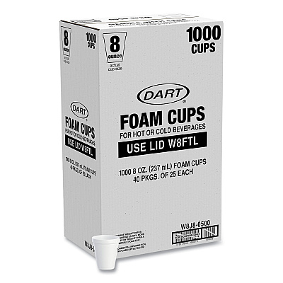 Dart Foam Drink Cups, 8 oz, White, 25/Bag, 40 Bags/Carton (DCCW8J8S)