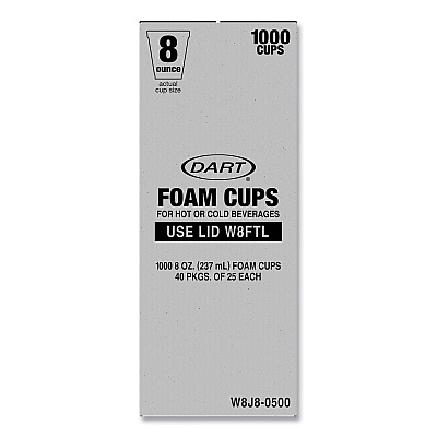 Dart Foam Drink Cups, 8 oz, White, 25/Bag, 40 Bags/Carton (DCCW8J8S)
