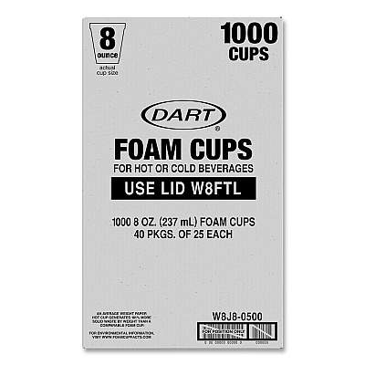 Dart Foam Drink Cups, 8 oz, White, 25/Bag, 40 Bags/Carton (DCCW8J8S)