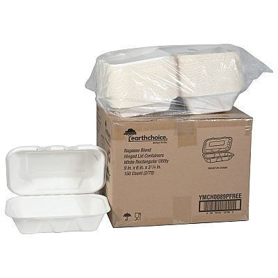 Pactiv Evergreen EarthChoice PFAS Free Compostable Hinged Lid Container, 9 x 6 x 3, Natural, Sugarcane, 150/Carton (PCTYMCH0089PFFR)