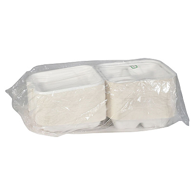 Pactiv Evergreen EarthChoice PFAS Free Compostable Hinged Lid Container, 3-Compartment, 8 x 8 x 3, Natural, Sugarcane, 150/Carton (PCTYMCH0803PFFR)