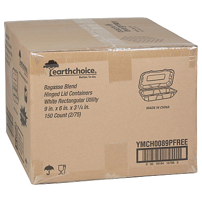 Pactiv Evergreen EarthChoice PFAS Free Compostable Hinged Lid Container, 9 x 6 x 3, Natural, Sugarcane, 150/Carton (PCTYMCH0089PFFR)