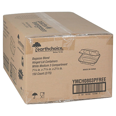 Pactiv Evergreen EarthChoice PFAS Free Compostable Hinged Lid Container, 3-Compartment, 8 x 8 x 3, Natural, Sugarcane, 150/Carton (PCTYMCH0803PFFR)