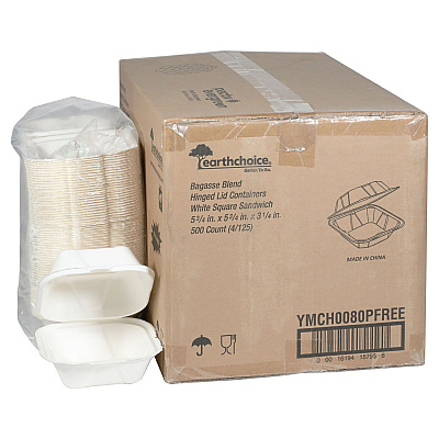 Pactiv Evergreen EarthChoice PFAS Free Compostable Hinged Lid Container, 6 x 6 x 3, Natural, Sugarcane, 500/Carton (PCTYMCH0080PFFR)