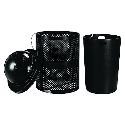 Global Industrial Outdoor Perforated Steel Trash Can with Dome Lid, 36 gal, Steel, Black (GBE261949BK)