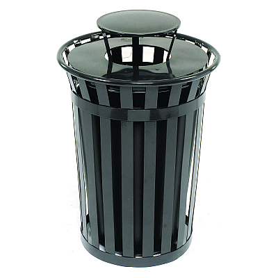 Global Industrial Outdoor Slatted Steel Trash Can, Rain Bonnet Lid, 36 gal, Black (GBE260804BK)
