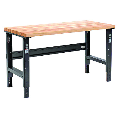 Global Industrial Standard Duty Butcher Block Top Adjustable Height Workbench, 2,000 lbs, 60 x 30 x 30.88  to 36.88, Birch/Black (GBE318912BK)