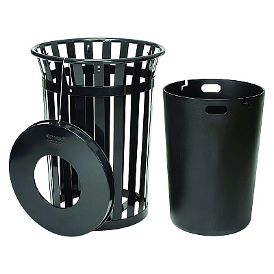 Global Industrial Outdoor Slatted Steel Trash Can, 36 gal, Black (GBE237726BK)