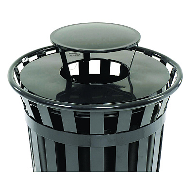 Global Industrial Outdoor Slatted Steel Trash Can, Rain Bonnet Lid, 36 gal, Black (GBE260804BK)