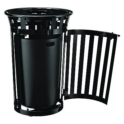 Global Industrial Outdoor Slatted Steel Trash Can, With Access Door, 36 gal, Steel Black (GBE261940BK)