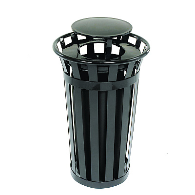 Global Industrial Outdoor Slatted Steel Trash Can, Rain Bonnet Lid, 24 gal, Black (GBE260803BK)