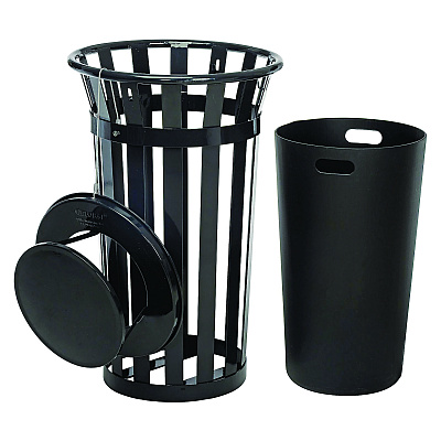 Global Industrial Outdoor Slatted Steel Trash Can, Rain Bonnet Lid, 24 gal, Black (GBE260803BK)