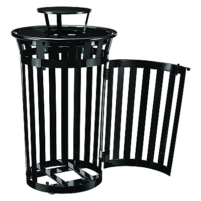 Global Industrial Outdoor Slatted Steel Trash Can, With Access Door and Rain Bonnet Lid, 36 gal, Black (GBE261941BK)