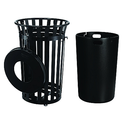 Global Industrial Outdoor Slatted Steel Trash Can, With Access Door, 36 gal, Steel Black (GBE261940BK)