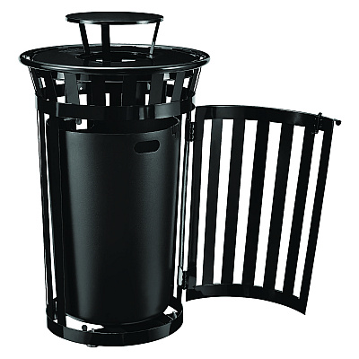 Global Industrial Outdoor Slatted Steel Trash Can, With Access Door and Rain Bonnet Lid, 36 gal, Black (GBE261941BK)