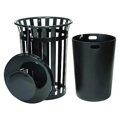 Global Industrial Outdoor Slatted Steel Trash Can, Rain Bonnet Lid, 36 gal, Black (GBE260804BK)