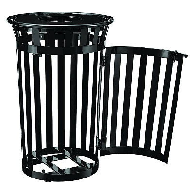 Global Industrial Outdoor Slatted Steel Trash Can, With Access Door, 36 gal, Steel Black (GBE261940BK)