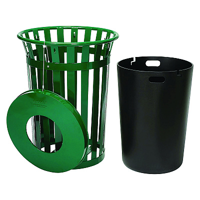 Global Industrial Outdoor Slatted Steel Trash Can, 36 gal, Green (GBE237726GN)