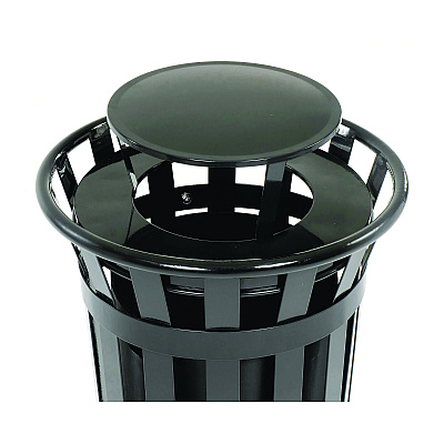 Global Industrial Outdoor Slatted Steel Trash Can, Rain Bonnet Lid, 24 gal, Black (GBE260803BK)