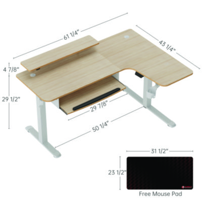 Eureka L-Shaped Standing Desk with Keyboard Tray, Right Desk, 61.25" x 43.25" x 34.38" to 52.88", Maple White/White (EKAL60RMW)