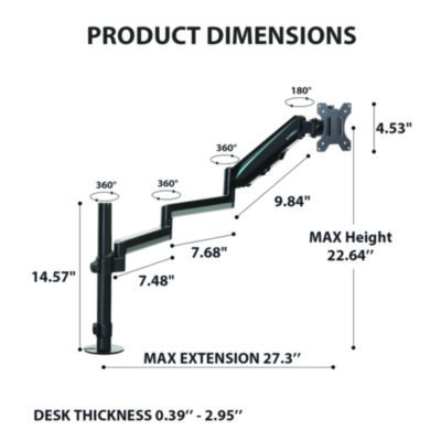 Eureka Single Monitor Arm, For 32" Monitors, 90 deg Rotation, 35 deg Tilt, 360 deg Pan, Black, Supports 17.6 lbs (EKAMA0212P)