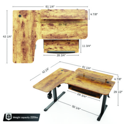 Eureka L-Shaped Standing Desk with Keyboard Tray, Right Desk, 61.25" x 43.25" x 34.38" to 52.88", Rustic Brown/Black (EKAL61LRB)