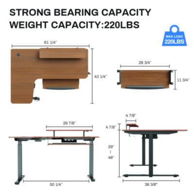 Eureka L-Shaped Standing Desk with Keyboard Tray, Left Desk, 61.25" x 43.25" x 34.38" to 52.88", Walnut/Black (EKAL60LWN)