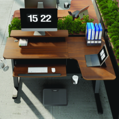 Eureka L-Shaped Standing Desk with Keyboard Tray, Right Desk, 61.25" x 43.25" x 34.38" to 52.88", Walnut/Black (EKAL60RWN)