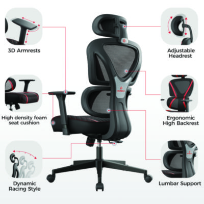 Eureka Norn Ergonomic Chair, Supports Up to 275 lb, 18.11" to 22.04" Seat Height, Black/Red Mesh Seat/Back, Black Base (EKAGC06R)