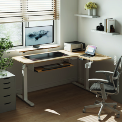 Eureka L-Shaped Standing Desk with Keyboard Tray, Right Desk, 61.25" x 43.25" x 34.38" to 52.88", Maple White/White (EKAL60RMW)
