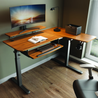 Eureka L-Shaped Standing Desk with Keyboard Tray, Right Desk, 61.25" x 43.25" x 34.38" to 52.88", Walnut/Black (EKAL60RWN)