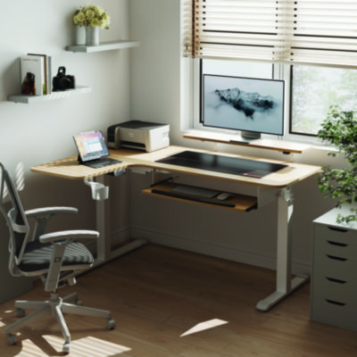 Eureka L-Shaped Standing Desk with Keyboard Tray, Left Desk, 61.25" x 43.25" x 34.38" to 52.88", Maple White/White (EKAL60LMW)
