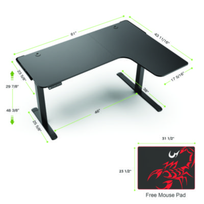Eureka L-Shaped Standing Desk, Right Desk, 60" x 43.69" x 29.88" to 48.38", Black (EKA01875)