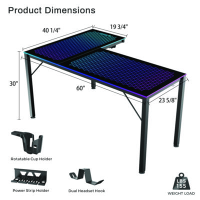 Eureka RGB LED Lights Glass Gaming Desk, 60" x 40.25" x 30", Black (EKAL60RB)