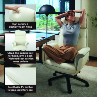 Eureka Royal Executive Office Chair, Support up to 300 lb, 19.46"-22.26" Seat Height, White PU Leather Seat, White Faux Leather Back (EKAOC003OW)