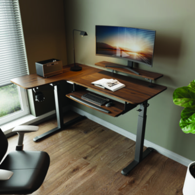 Eureka L-Shaped Standing Desk with Keyboard Tray, Left Desk, 61.25" x 43.25" x 34.38" to 52.88", Walnut/Black (EKAL60LWN)